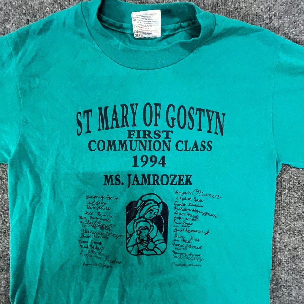 Hanes T-Shirt Mens Small Teal 1994 St Mary of Gostyn First Communion Vintage USA